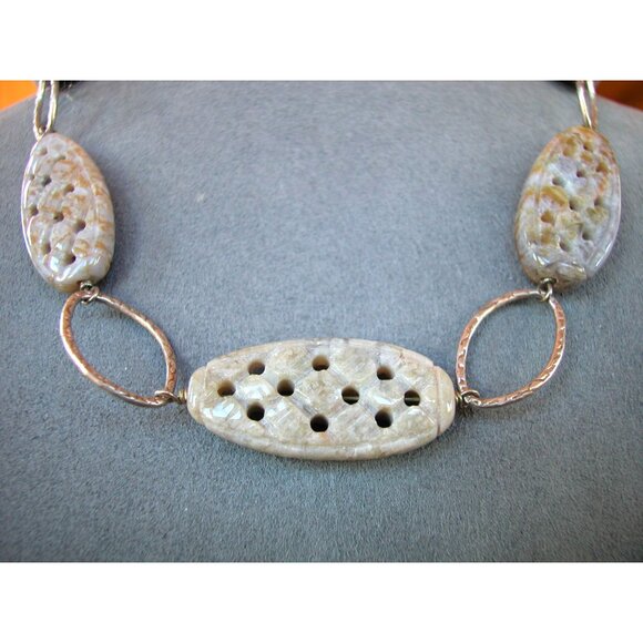 Handcrafted Statement Necklace With Ceramic Beads & Silver Plated Chain - Picture 2 of 3